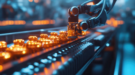 Multi-jointed robotic arm lifting components onto a conveyor systemの素材