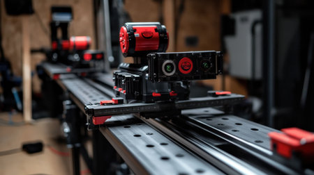 Multi-axis robotic arm moving smoothly along a linear rail systemの素材