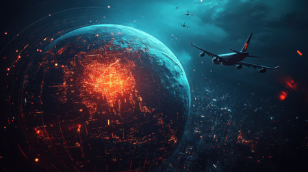 Airplanes flying over a digital globe indicating international travel and logisticsの素材