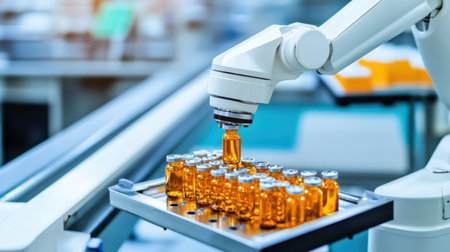 Robotic arm in pharmaceutical plant handling chemical vials with careの素材