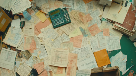 Accounting workspace with spreadsheets, calculator, and financial reports in viewの素材