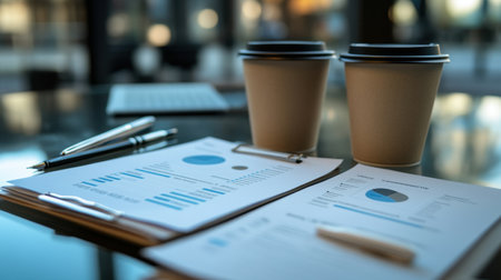 Business agenda papers neatly arranged on a glass meeting table with coffee and pensの素材