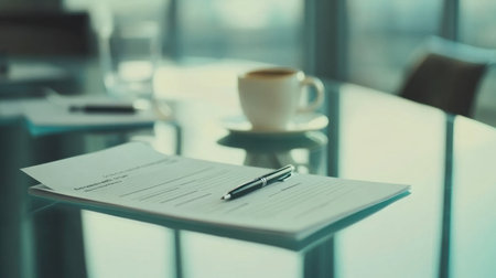 Business agenda papers neatly arranged on a glass meeting table with coffee and pensの素材