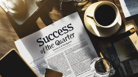 Business newsletter mock-up showing headline Success Story of the Quarterの素材