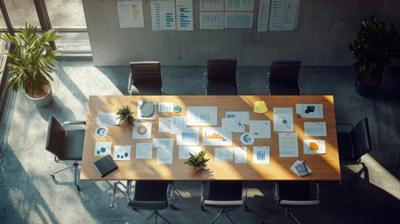 Business workspace with chairs arranged around a table full of collaborative charts and notesの素材