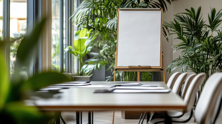 Conference space with flip chart showing strategic goals and checklists for Qの素材