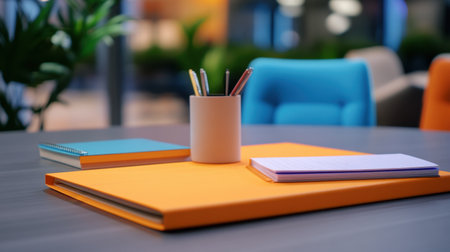 Clean meeting space with collaborative project folders and color-coded review notesの素材