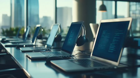 Conference call setup with multiple laptops and headsets symbolizing virtual teamworkの素材