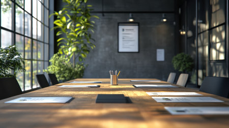 Client meeting table setup with brochures, business cards, and presentation slidesの素材