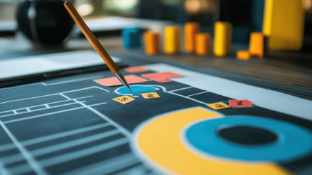 Desk with brand awareness tracking sheets, goal targets, and visual performance toolsの素材