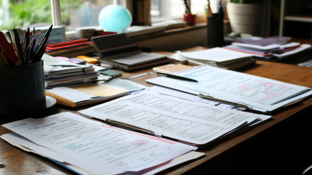 Clean office table with tax documents, invoices, and budget planning toolsの素材