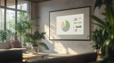 Digital pie charts and graphs projected onto whiteboard in modern officeの素材