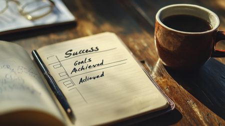 Elegant notebook open to a page with Success Goals Achieved checklist completedの素材