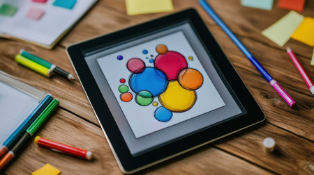 Digital tablet displaying business model canvas surrounded by strategy notes and markersの素材