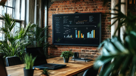 Digital whiteboard in a conference room showing growth strategy and market analysis chartsの素材
