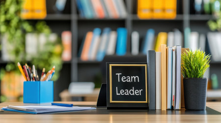 Executive desk with Team Leader plaque and files arranged for strategy sessionの素材