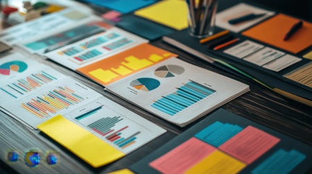 Empty boardroom table with team documents and strategy charts laid out, ready for a business meetingの素材