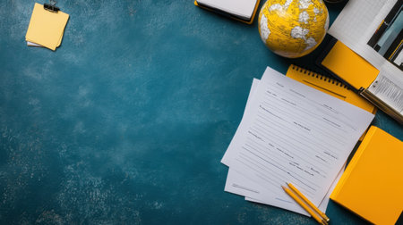 Flat lay of documents, globe, and tech gadgets symbolizing international collaborationの素材