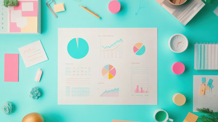 Flat lay of marketing plan documents, colorful sticky notes, and pie charts in creative workspaceの素材