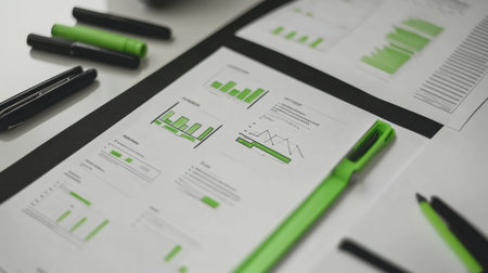 Flat lay of business strategy roadmap, graphs, and highlighters neatly arranged on a deskの素材