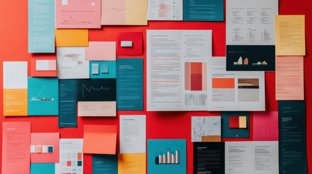 Flat lay of product development timeline and startup vision pagesの素材