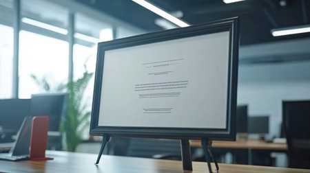 Framed certificate of successful startup launch on a modern workspace wallの素材