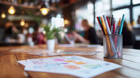 Long table prepared for team brainstorming session with mind map printouts and markersの素材