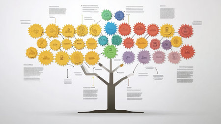 Infographic with connected departments symbolizing organizational teamwork in actionの素材