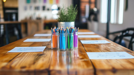 Long table prepared for team brainstorming session with mind map printouts and markersの素材