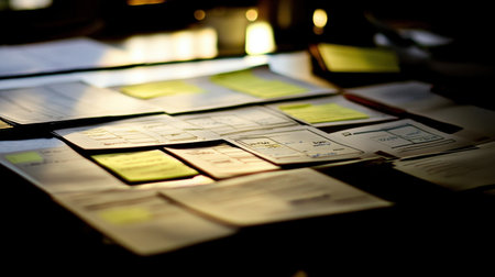 Meeting table with timeline charts, to-do lists, and business planning documentsの素材