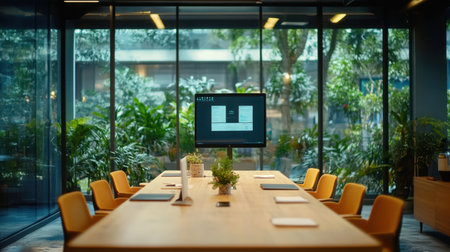 Modern co-working space prepared for a small business roundtable with digital toolsの素材
