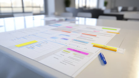 Meeting table with timeline charts, to-do lists, and business planning documentsの素材
