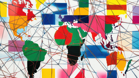 Multiple national flags interconnected by network lines over a digital world mapの素材