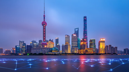 Modern smart city skyline with floating global trade network overlayの素材