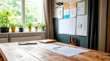 Meeting space with agile board and charts outlining project goals and task breakdownの素材