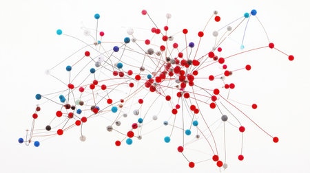 Network diagram connecting various points into one hub, symbolizing teamwork and shared dataの素材