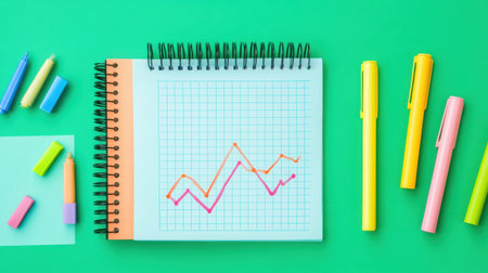 Open spiral notebooks, highlighters, and performance charts placed for team alignmentの素材