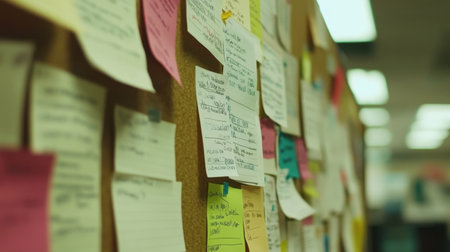 Organized bulletin board with team project assignments and goal tracking sheetsの素材