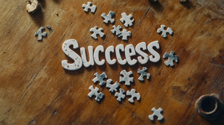 Puzzle pieces coming together on a wooden desk spelling out the word Successの素材