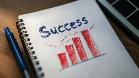 Pen and notebook with doodled bar chart reaching the Success markの素材