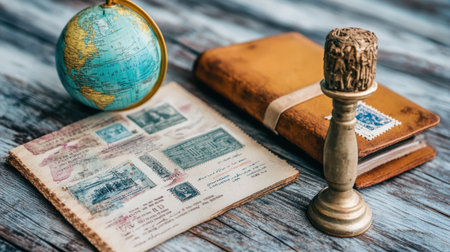 Printed trade agreement, stamps, and globe symbolizing international cooperationの素材