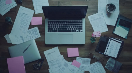 Startup business planning workspace with laptops, charts, and action step breakdownの素材