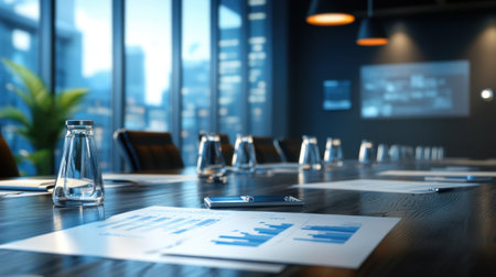 Printed team structure diagram and performance sheets spread across a conference tableの素材