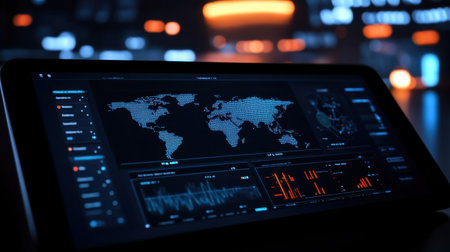 Tablet with dashboard tracking worldwide e-commerce trafficの素材