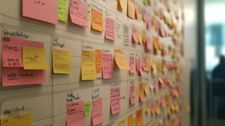 Strategy alignment board with sticky notes, charts, and innovation ideasの素材