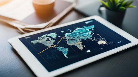 Tablet with dashboard tracking worldwide e-commerce trafficの素材