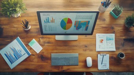 Telepresence equipment and business reports laid out for a virtual strategy sessionの素材