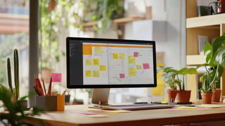 Workflow tracking station with post-its, task board, and updated digital plannerの素材