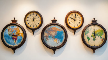 World clock wall showing time zones from major global citiesの素材