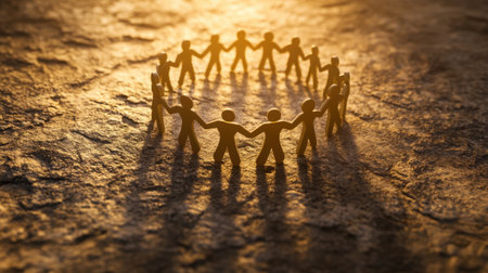 Abstract human icons holding hands, forming a circle to represent teamwork and equalityの素材